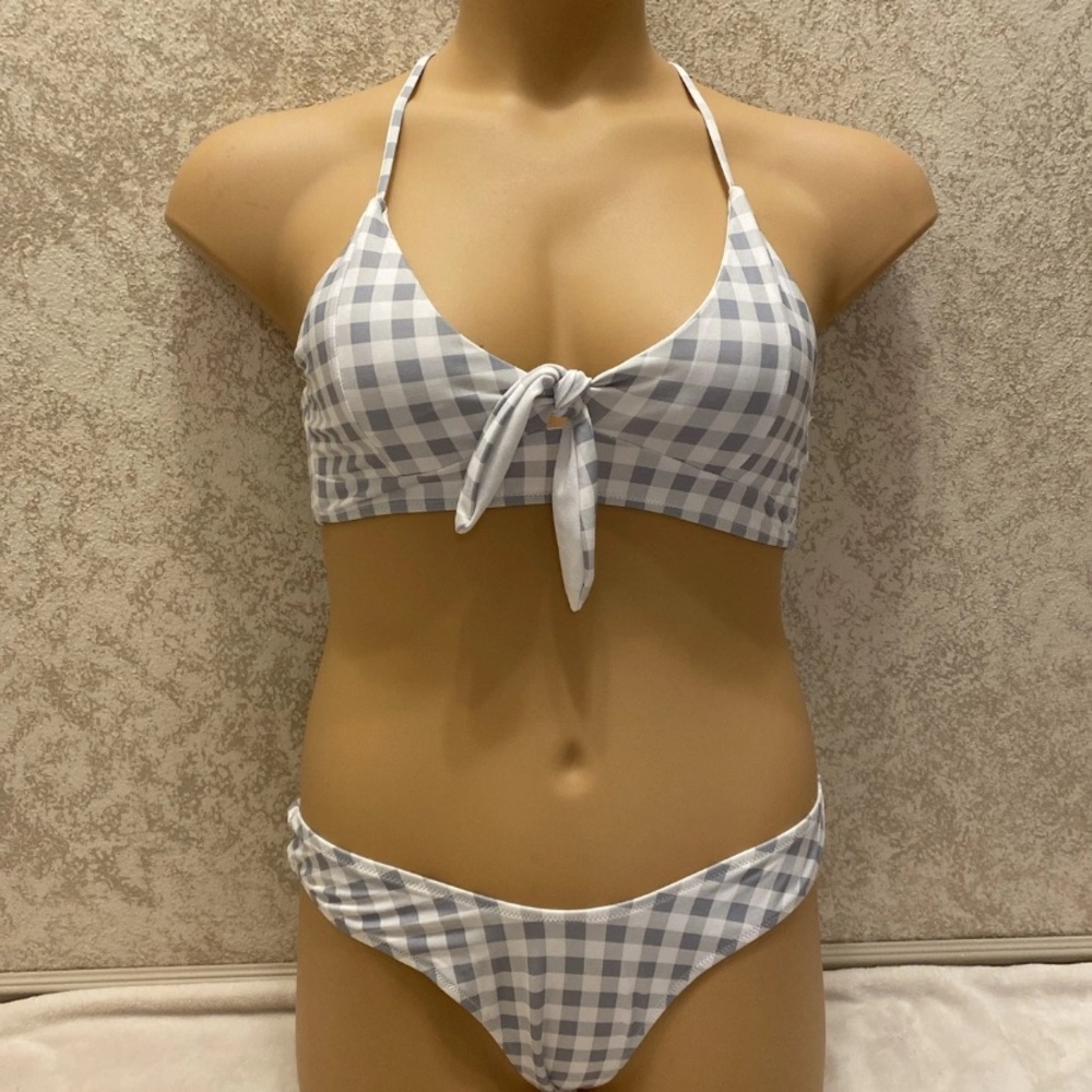 Zaful Grey and White Gingham Brazilian Bikini Set